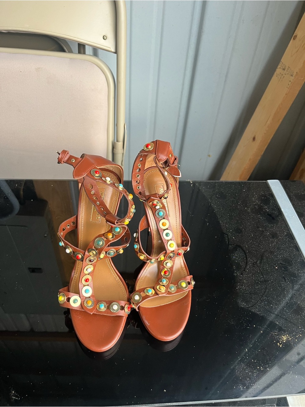 Aquazzura Tan Leather Studded High-Heel Sandals